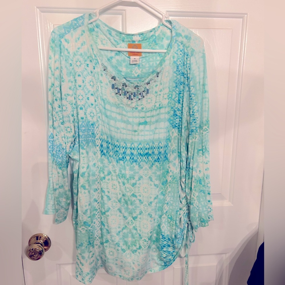 Ruby Rd 3/4 sleeve beaded neck tunic in cool turquoise and green